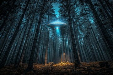 Aufkleber - Unidentified flying object hovering over illuminated forest clearing