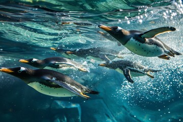Poster - Group of gentoo penguins swimming underwater in clear blue water