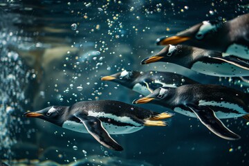 Poster - Gentoo penguins swimming underwater, creating bubbles