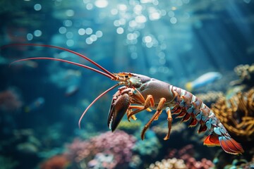 Poster - Lobster swimming in aquarium with coral reef