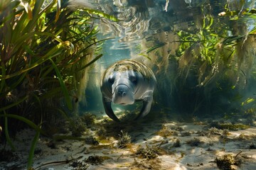 Poster - West indian manatee swimming in tropical mangrove forest habitat