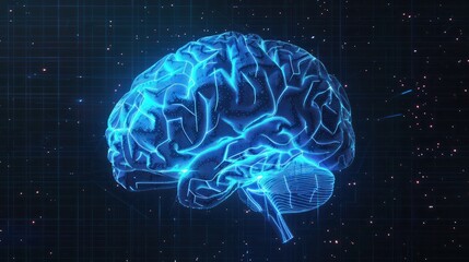 Poster - blue glowing brain wireframe: an abstract futuristic on transparent background .