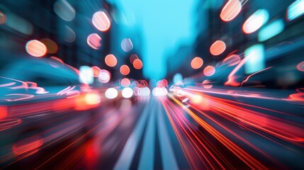 An abstract and dynamic image capturing the blur of city lights and speeding traffic at night, highlighting the fast pace and vibrant energy of urban life with colorful light trails.