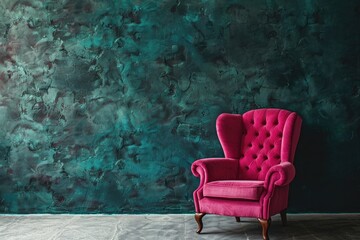 A pink chair sits in front of a green wall. The chair is the only piece of furniture in the room