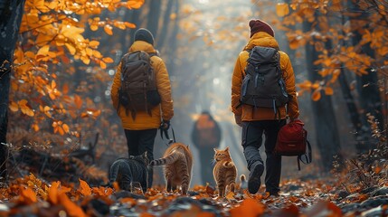 Cute people and their cats hiking along a forest trail, with vibrant autumn leaves creating a picturesque backdrop for their delightful journey realistic photo, high resolution , Minimalism,