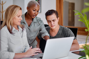 Poster - Creative team, laptop and collaboration in office for plan, brainstorming and project in workplace. Graphic designer, women and tech in design studio for teamwork, idea or development conversation