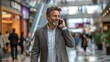 © DARIKA - Businessman walking through a busy urban plaza, phone to his ear and a smile on his face, capturing the essence of city business life realistic photo, high resolution , Minimalism,