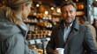 © DARIKA - Professional businessman in a bustling coffee shop, holding a cup of coffee and discussing business strategies with a colleague realistic photo, high resolution , Minimalism,