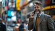 © DARIKA - Businessman walking through a busy city square, smiling as he talks on his phone, capturing the lively and bustling atmosphere of urban business life realistic photo, high resolution , Minimalism,