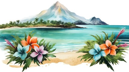 Sticker - Hawaiian flowers with beach and mountain