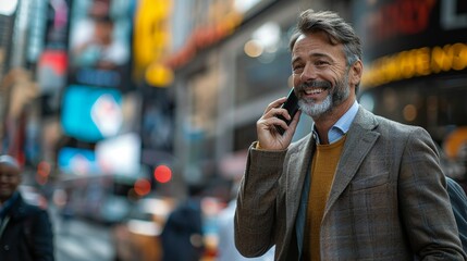 Businessman walking through a busy city square, smiling as he talks on his phone, capturing the lively and bustling atmosphere of urban business life realistic photo, high resolution , Minimalism,