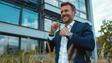 Wall Mural - AHappy adult businessman in formal wear checking time at his watch towards a modern office building 