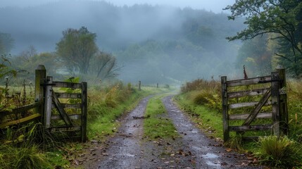 Wall Mural - a gate in a field with a foggy sky in the background. the gate is open and the road is wet