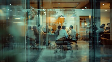 Wall Mural - Blurred office with people working behind glass wall 