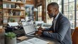 © DARIKA - Business professional using a modern laptop at a sleek desk while referring to notes written on a vintage typewriter, showcasing the blend of old and new in the workplace realistic photo, high