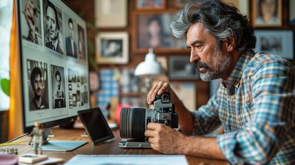 Businessman using a sleek digital camera to take pictures for a presentation, while a vintage Polaroid camera is displayed on his desk, illustrating the evolution of photography realistic photo, high