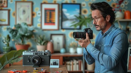 Businessman using a sleek digital camera to take pictures for a presentation, while a vintage Polaroid camera is displayed on his desk, illustrating the evolution of photography realistic photo, high