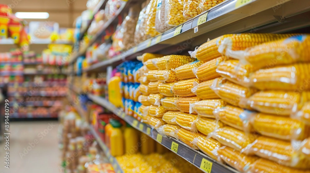Shelves filled with corn-based products, such as cornmeal, cornstarch ...