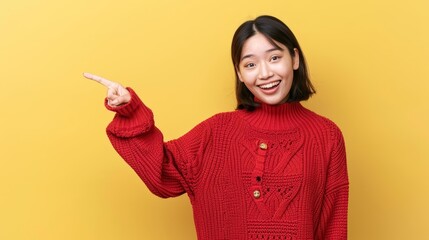 attractive young asian woman in a red sweater, pointing to the side, yellow background, exuding happ