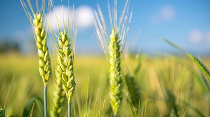 Wall Mural - Three green wheat stalks are standing in a field. The sky is blue and clear. Concept of peace and tranquility