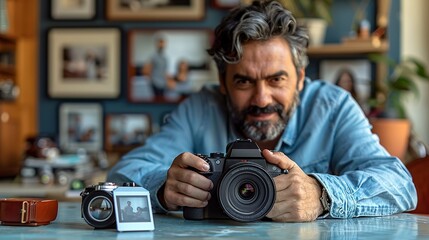 Professional using a sleek digital camera to take business photos, while a vintage Polaroid camera is displayed on his desk, highlighting the advancement in photography technology realistic photo,