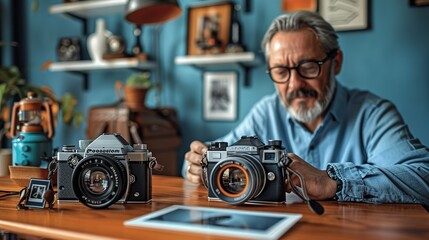Professional using a sleek digital camera to take business photos, while a vintage Polaroid camera is displayed on his desk, highlighting the advancement in photography technology realistic photo,