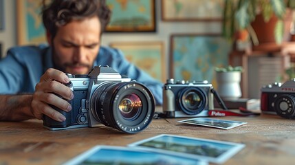 Professional using a sleek digital camera to take business photos, while a vintage Polaroid camera is displayed on his desk, highlighting the advancement in photography technology realistic photo,