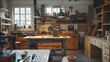 © At My Hat - A wood workshop with a table and a workbench. There are many tools and supplies on the shelves