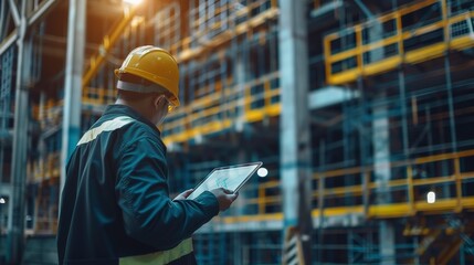 Poster - a engineer using a digital tablet on a construction site.