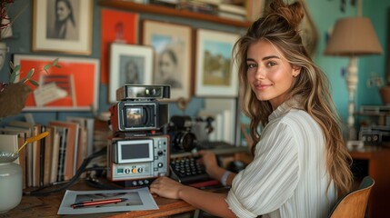 Entrepreneur using a digital camera for business photos, with a vintage Polaroid camera displayed on her desk, highlighting the advancement in photography technology realistic photo, high resolution