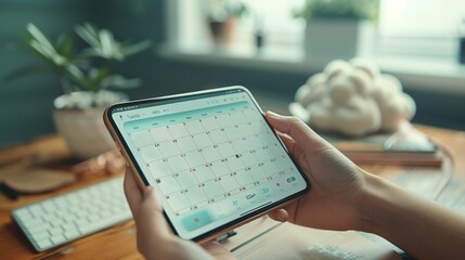 Professional using a cloud-based app to organize tasks, with a vintage desk calendar nearby, showcasing the shift from paper to digital planning tools realistic photo, high resolution , Minimalism,