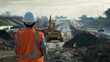 © Thanthara - Rear view of an engineer reviewing a construction report on site, with the expressway project and heavy machinery in the background