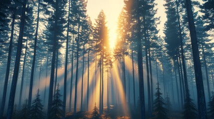 Poster - Sunbeams Through a Misty Forest.