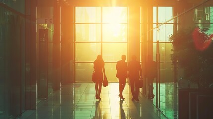 Canvas Print - Silhouette of business people standing in office building with sunlight 