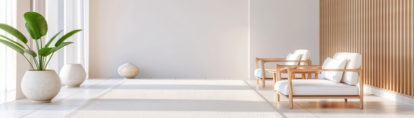 Canvas Print - Minimalist Living Room Interior Design with Wooden Wall and White Chairs.