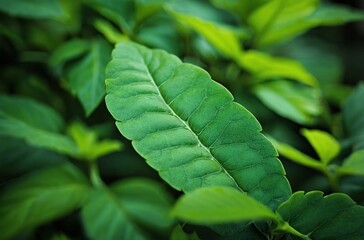 Wall Mural - Vibrant green leaf with intricate veins against backdrop of blurred greenery