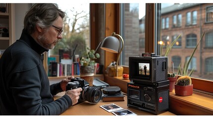 Professional using a sleek digital camera to take business photos, while a vintage Polaroid camera is displayed on his desk, highlighting the advancement in photography technology realistic photo,