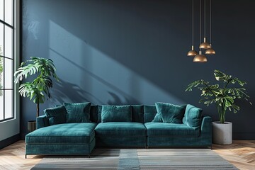 A living room with a blue wall and a green plant. The couch is a large sectional with a green velvet fabric. There are two potted plants, one on the left and one on the right. The room has a modern