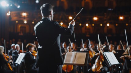 A classical orchestra and conductor performed in the concert hall