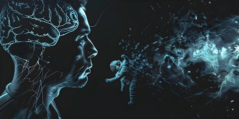 Poster - A man's head is on the left, with an astronaut floating in space emerging from his brain on right side. The background color should be black and blue, creating contrast between light and dark areas