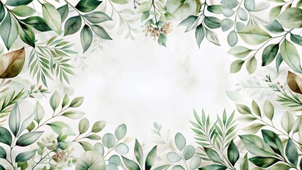 Wall Mural - Watercolor green leaves and flowers on white background, botanical illustration for vintage invitation card design,generative ai