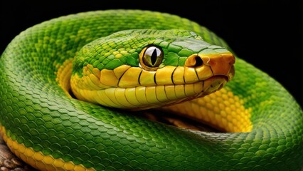 Wall Mural - A close up of a green and yellow snake with its mouth open, AI