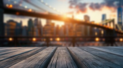 Wall Mural - close up of rustic empty wooden table with blurred brooklyn bridge background