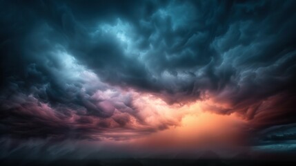 This image showcases a dramatic sky filled with storm clouds during sunset, depicting nature's raw power, beauty, and the transformative moments of twilight.