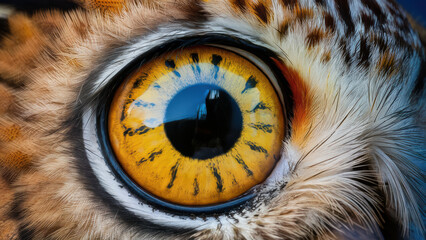 Wall Mural - A close up of an owl's eye with yellow iris, AI