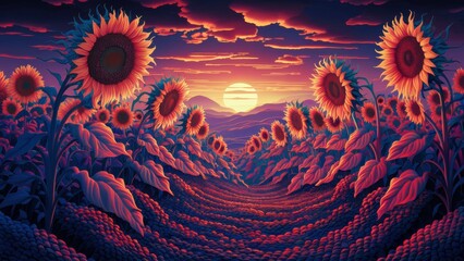 Poster - A painting of a sunset over the field with sunflowers, AI