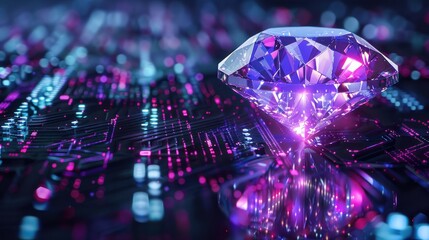 A glowing violet and blue diamond symbolizes digital wealth, crypto, and NFT ownership. Subtle binary code overlays enhance the futuristic theme, representing blockchain technology.