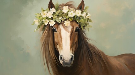 Poster - brown horse with daisy flowers