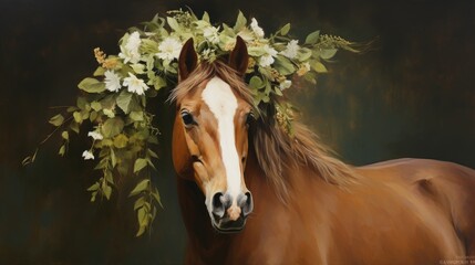 Sticker - brown horse with daisy flowers