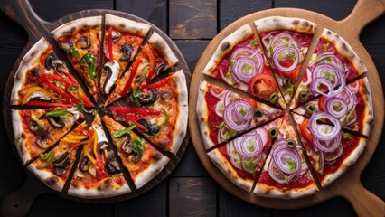 Two pizzas with different toppings are on wooden boards, AI